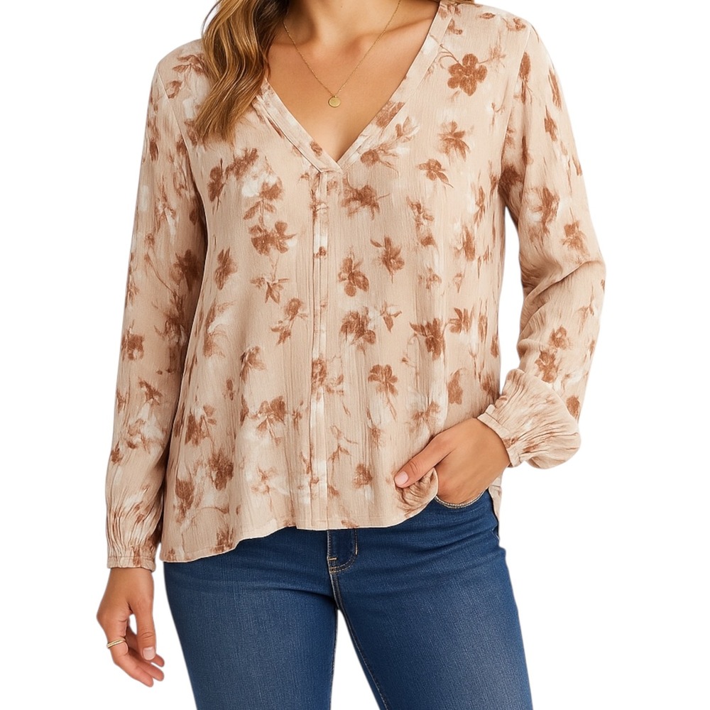 Oddi Beige Brown Floral Blouse Womens Large V Neck Long Sleeve Boho Fall‎ Top